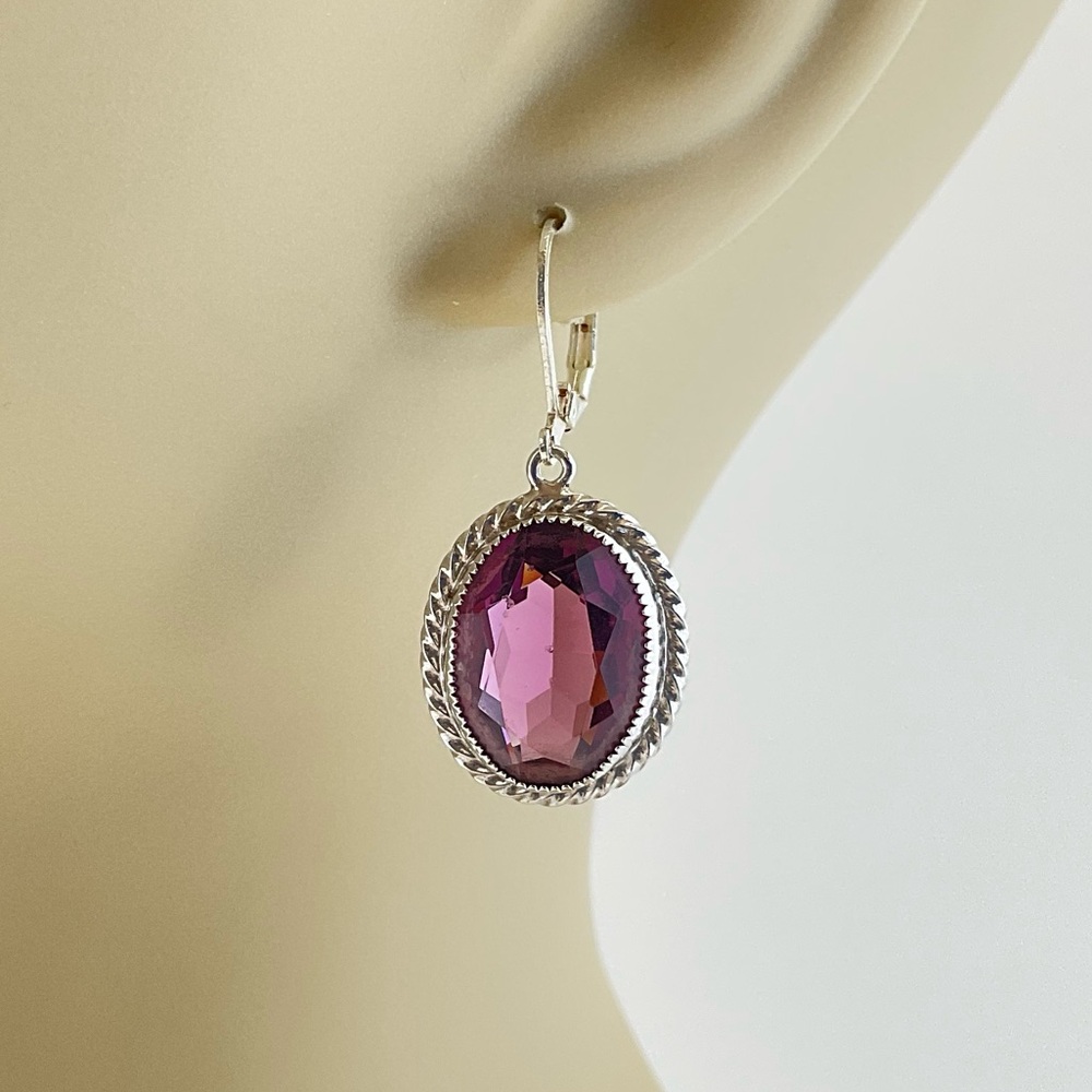 Vtg DaneCraft Amethyst Glass Earrings, Silver, BoHo, Western, Lever Backs